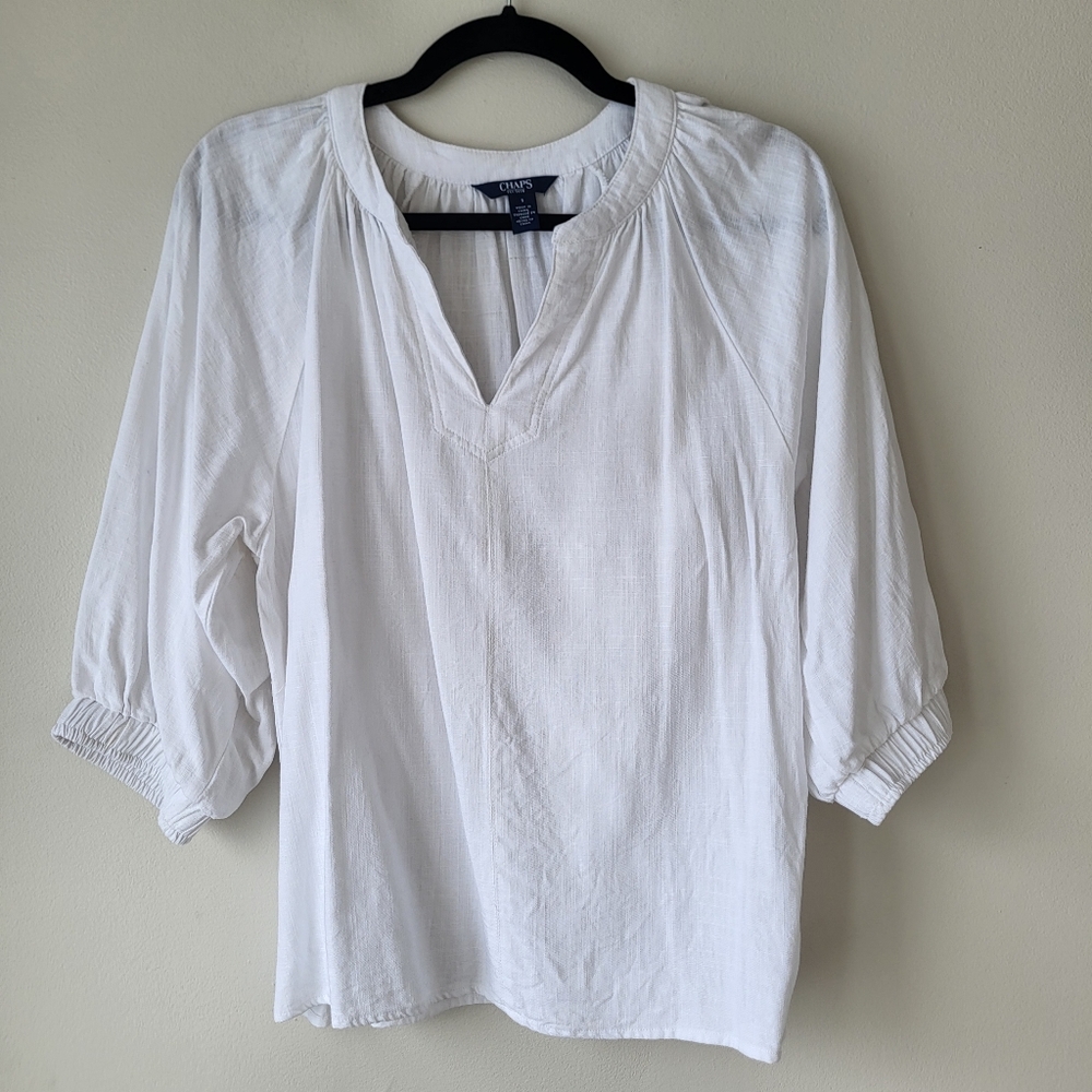 Chaps White V-Neck Linen Blend Flowy Butter Mom Country Chic Effortless Blouse